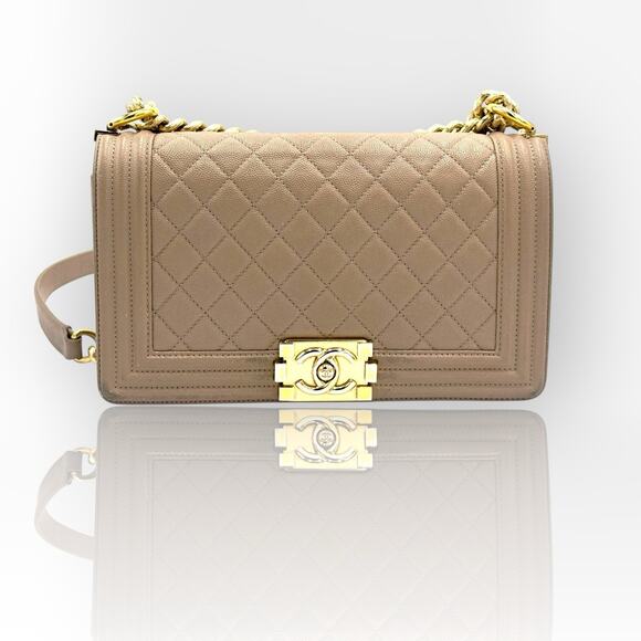 Medium Boy Flap Bag Quilted Caviar Leather Beige Authentic - Picture 10 of 16